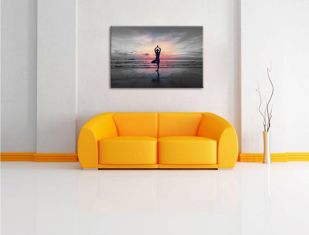 Yoga am Strand B&W Detail, Format: 100x70 auf Leinwand, XXL riesige Bilder fertig gerahmt mit Keilra