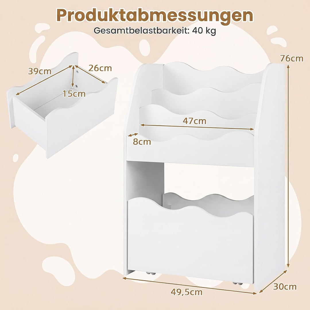COSTWAY Kinder Bücherregal mit Schublade auf Rollen (Weiss) | 3-stufiges Kinderregal wellenförmig au