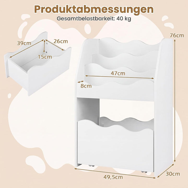 COSTWAY Kinder Bücherregal mit Schublade auf Rollen (Weiss) | 3-stufiges Kinderregal wellenförmig au
