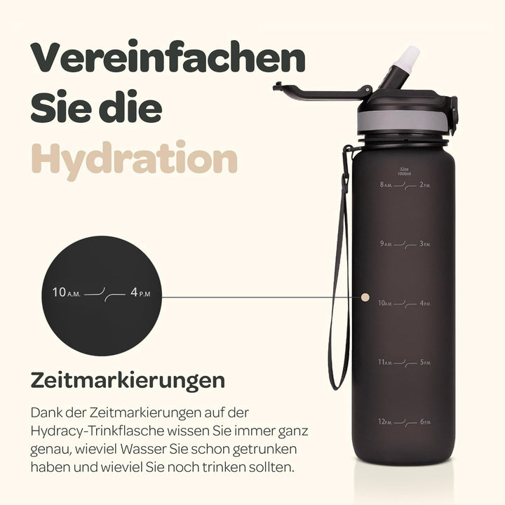 Hydracy Trinkflasche mit Strohhalm und Zeitmarkierung - 1L Wasserflasche - BPA-freie Trinkflasche -