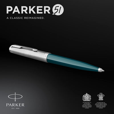 Parker 51 Kugelschreiber | Petrolblauer Schaft mit Chromfarbenen Zierteilen | Mittlere Schreibspitze