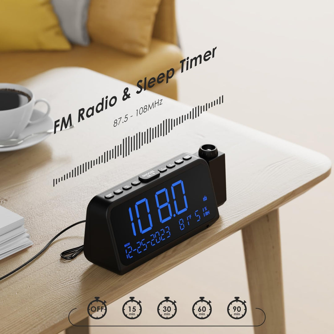 ROCAM Radiowecker mit Projektion, Projektionswecker für Schlafzimmer, Digital Uhr, Dimmer, Typ-C USB
