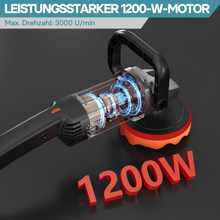 Wiltec Auto Poliermaschine Schleifmaschine 1200W bis 3000 U/min, Poliergerät mit 6 Stufen, mit Zubeh