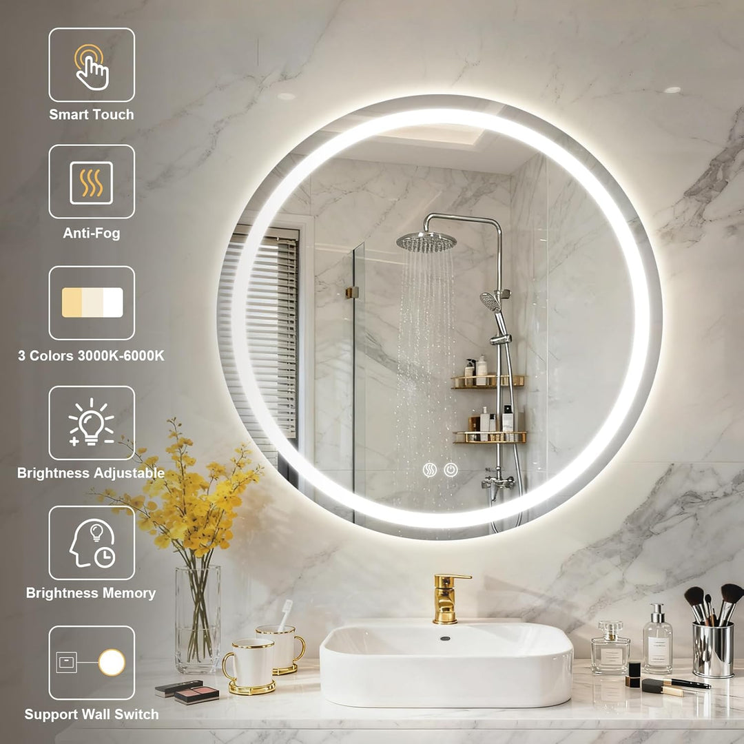 Badspiegel mit Beleuchtung, Runder Spiegel mit Beleuchtung, Badezimmer Spiegel Rund 50 cm, 3 Lichtfa