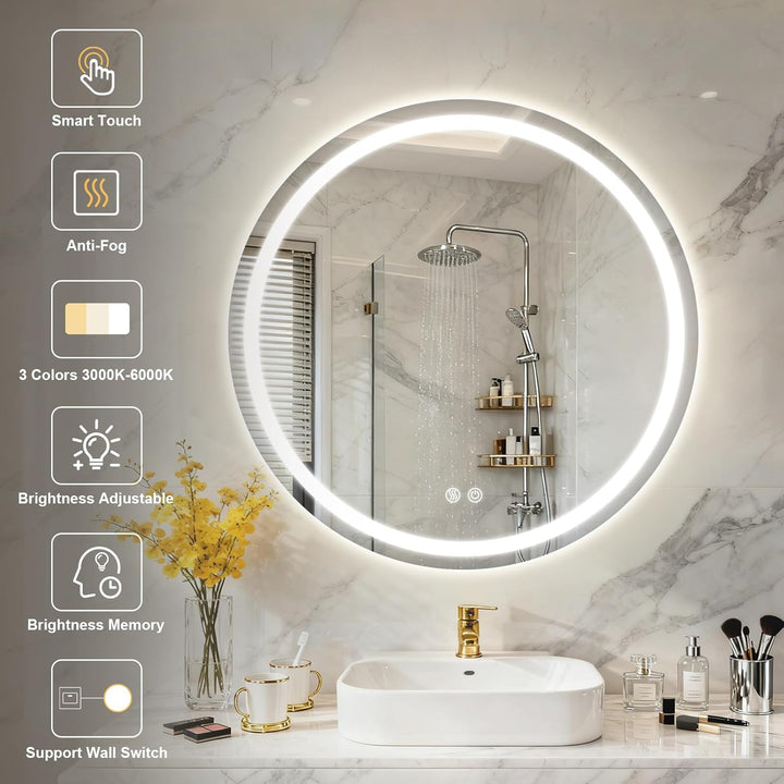 Badspiegel mit Beleuchtung, Runder Spiegel mit Beleuchtung, Badezimmer Spiegel Rund 50 cm, 3 Lichtfa