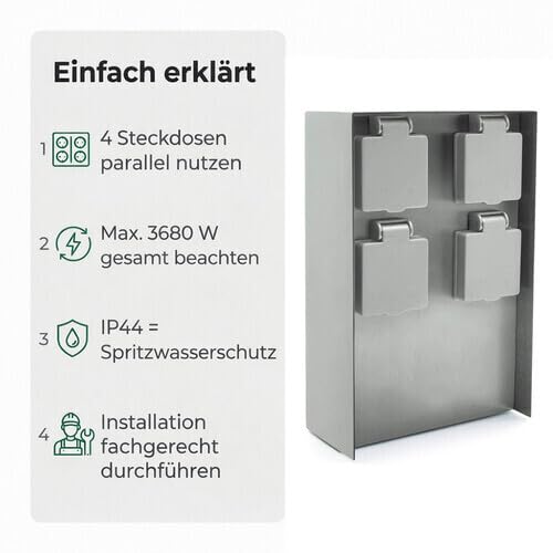 LED Universum Gartensteckdose aus Edelstahl, IP44 für aussen, 23cm (Silber 4-fach), Silber 4-fach