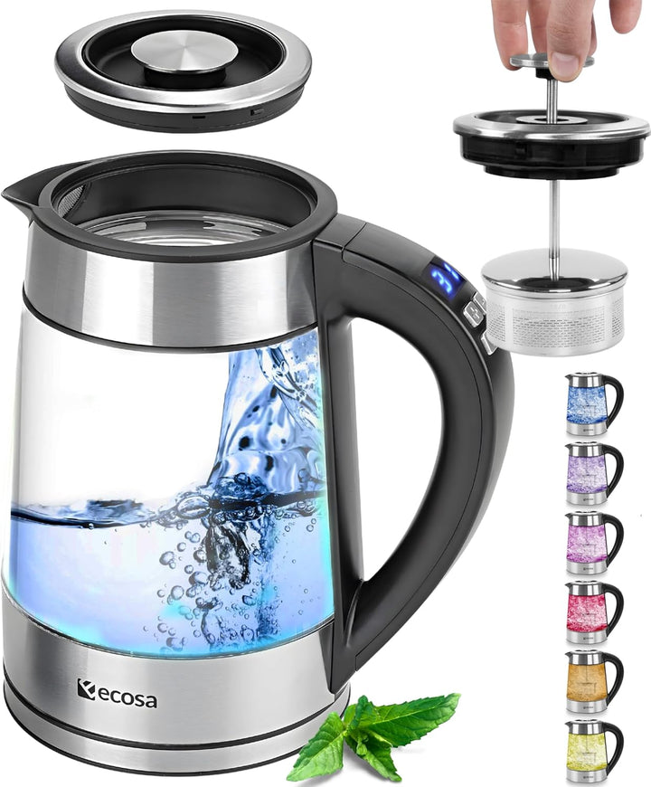 Ecosa® 2in1 Wasserkocher & Teekocher Glas Edelstahl mit Temperatureinstellung & separatem Teesieb Ei