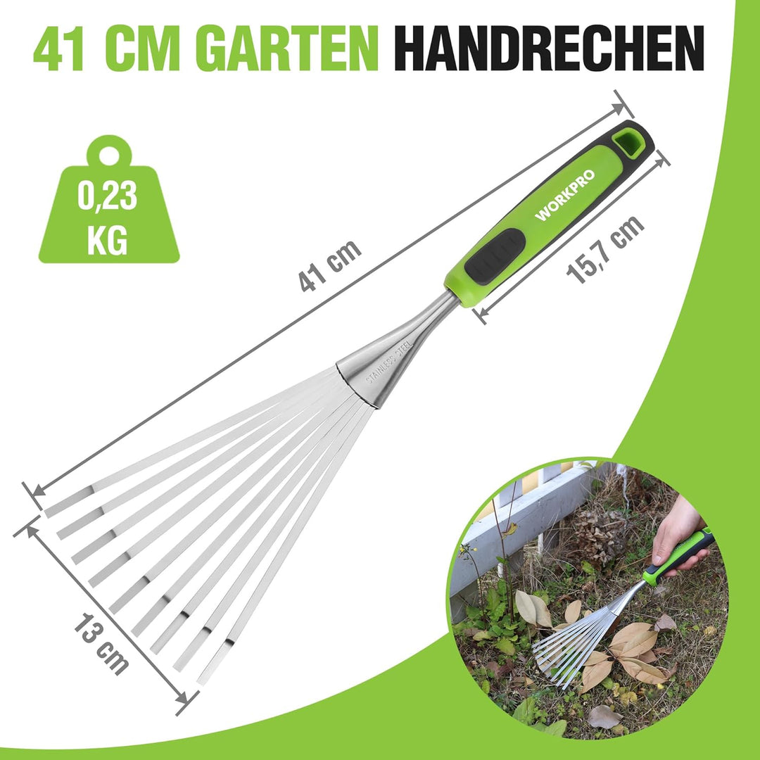 WORKPRO 41 cm Handrechen für Laub, 9-Zahn Gartenhandharke, Edelstahl Fächerrechen mit ergonomischem