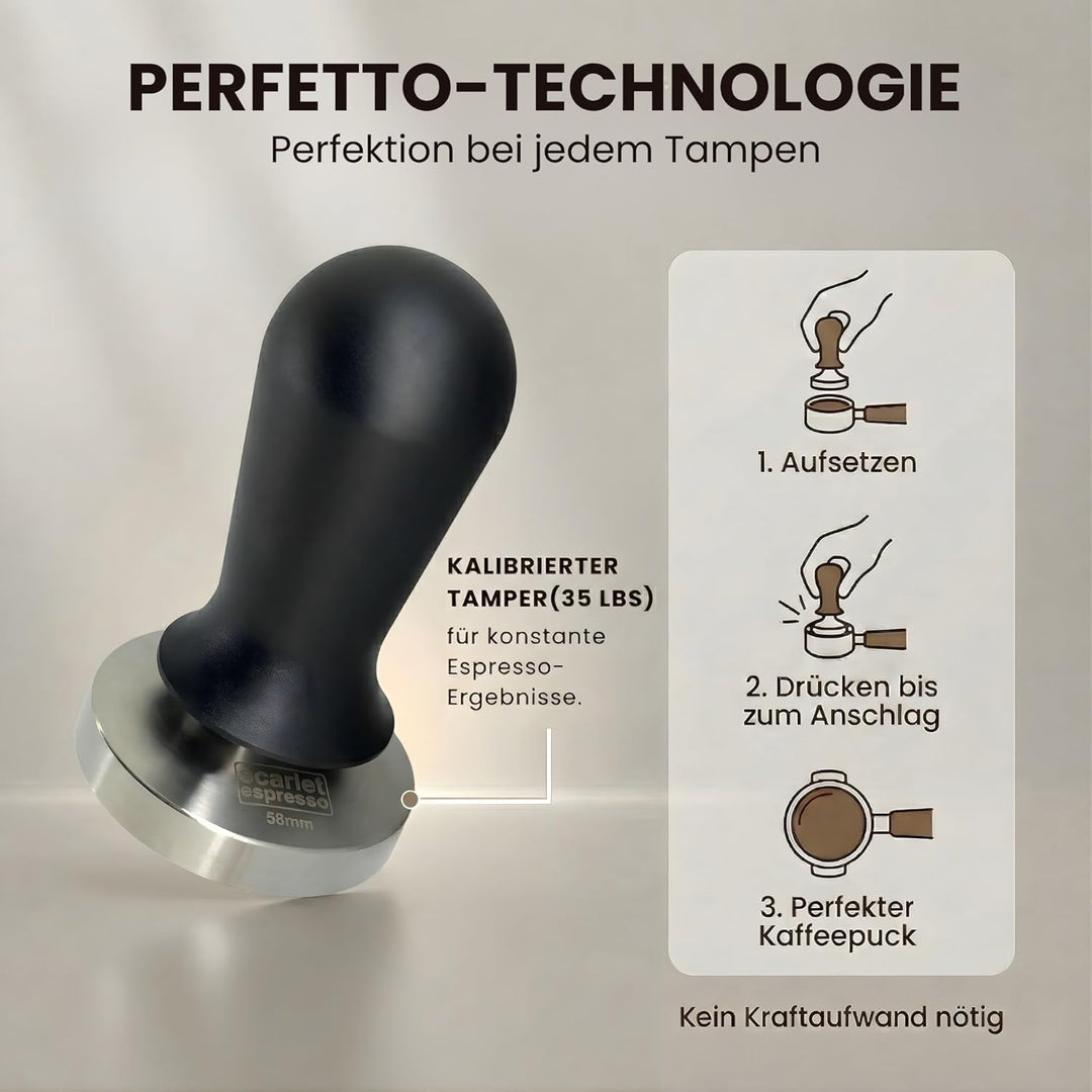 scarlet espresso | Tamper »Perfetto« für Barista; auf 35 lbs Anpressdruck kalibiriert; mit Alu- oder