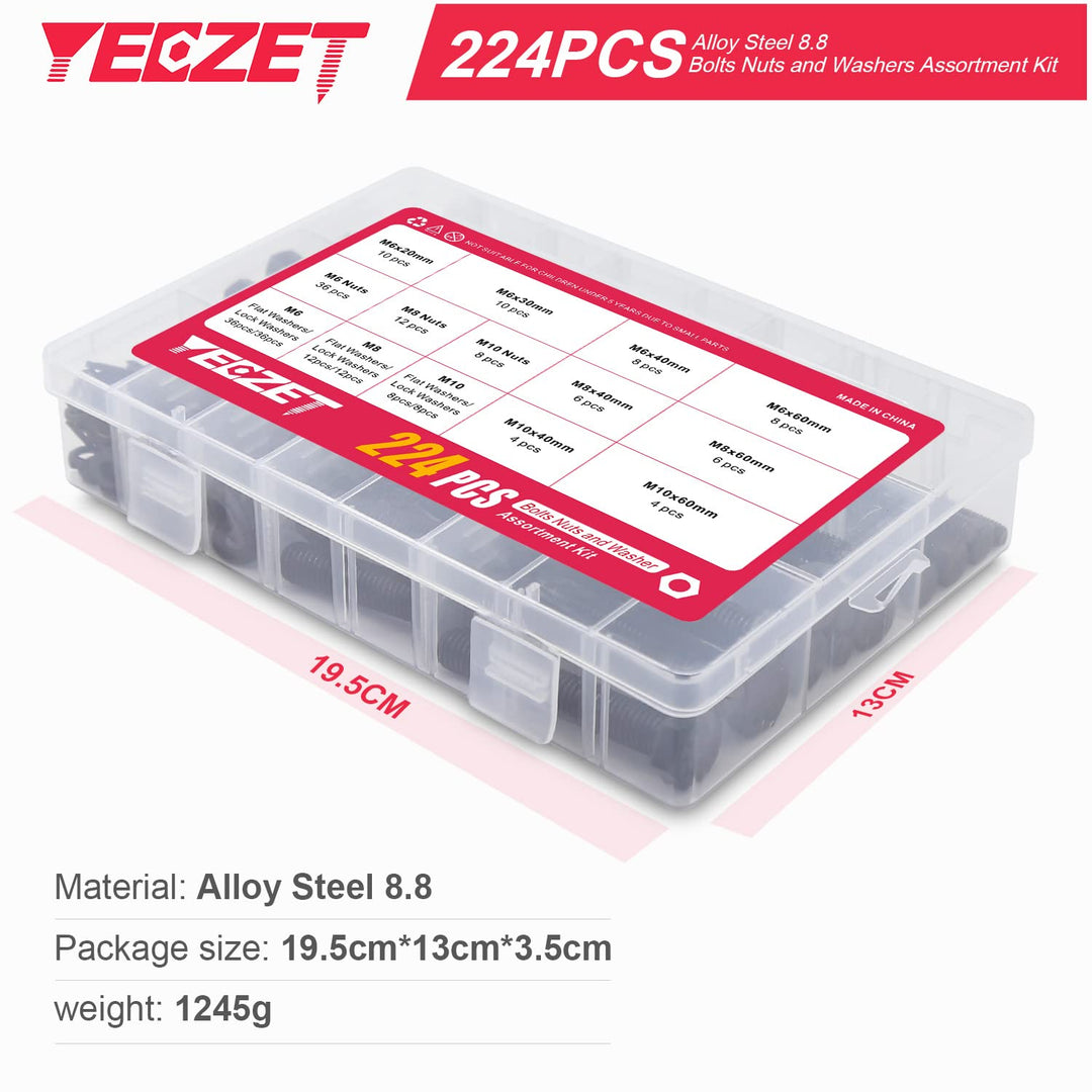 YEEZET 224 Pcs M6 M8 M10 Schrauben Sechskantschrauben Unterlegscheiben Federringe und Muttern Sortim