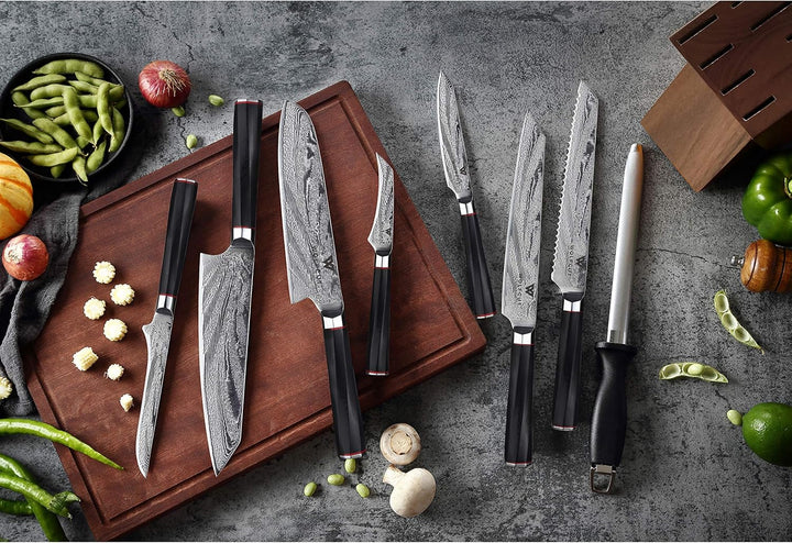 Wolfcut Damascus 73- lagiger japanischer Damaszener Stahl Messer-Set 9tlg. + Wetzstahl+ Messerblock