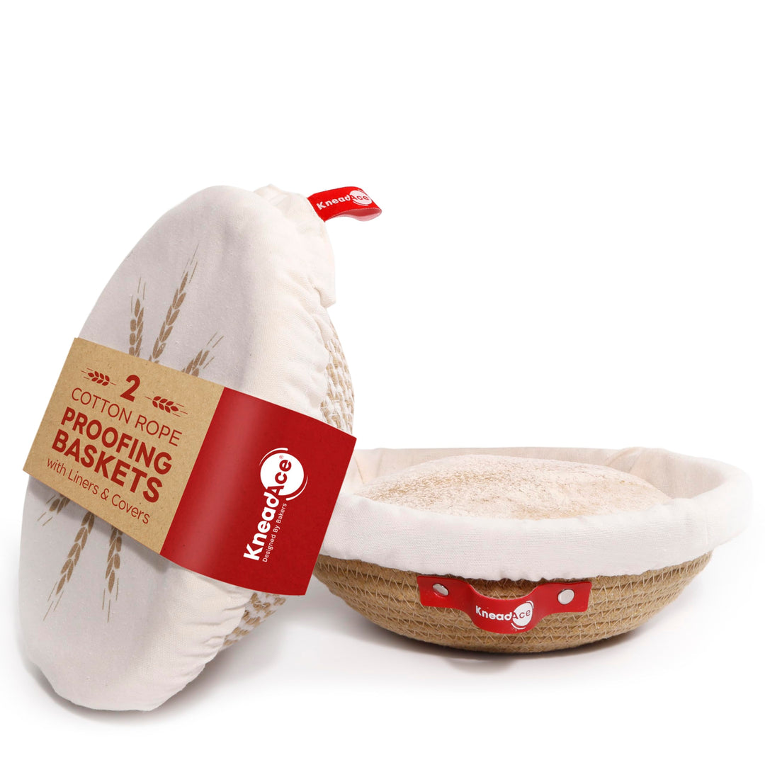 KneadAce Banneton Brotgärkorb-Set aus Baumwollseil, 2 x runder Brotkorb mit Einlagen und Abdeckungen