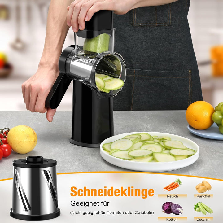 Ibergrif Manuelle Gemüsereibe mit Kurbel, Schwarze Premium Trommelreibe– 3 Klingen für Schneiden, Ra