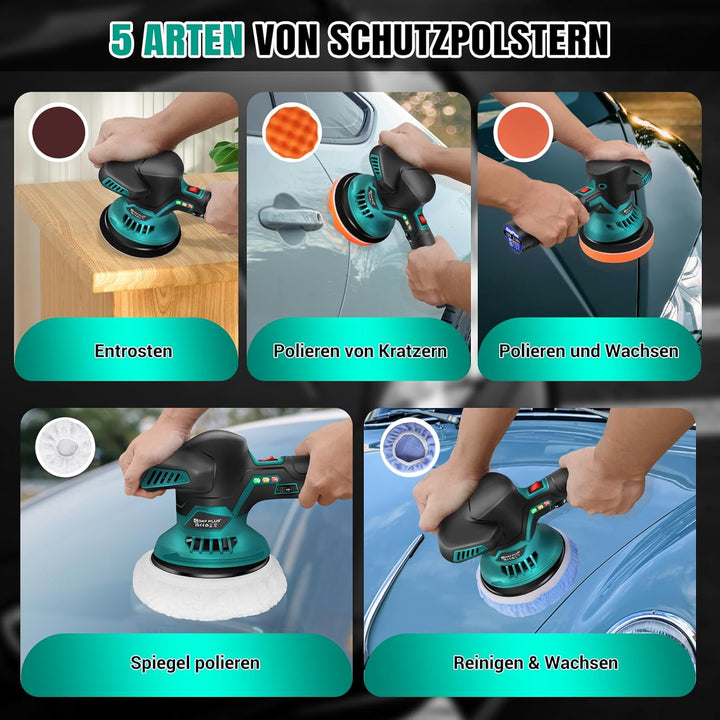 Akku Poliermaschine 12V 2x 2.0AH Akku, mit 24 Aufsätzen, 6 Drehzahlregulierung 2800-5000RPM, 125-150