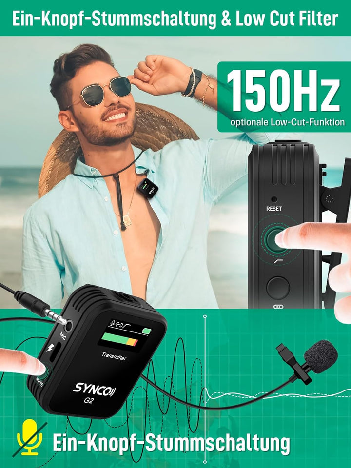 SYNCO G2 A1 Lavalier Mikrofon Wireless, Ansteckmikrofon Kabellos System bis zu 70m für DSLR Kamera C