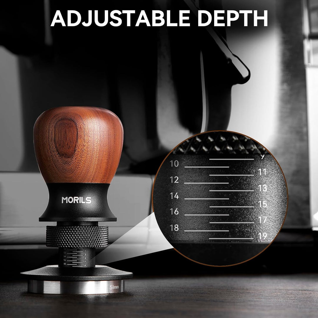 MORILS Kaffee Tamper 53.3mm, Nussholz Espresso Tamper, einstellbare Tiefe, Edelstahl Basis Tamper Pa