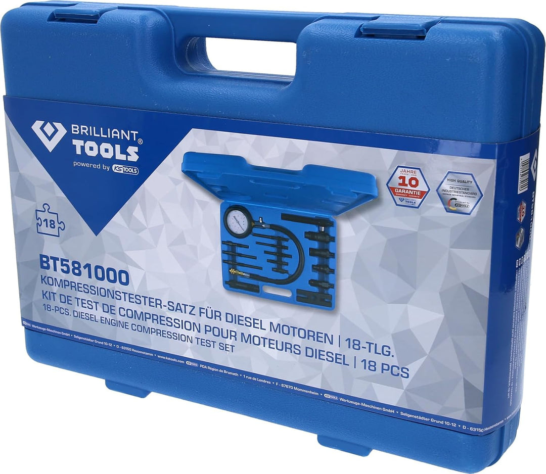 BRILLIANT TOOLS BT581000 Kompressionstester-Satz für Diesel Motoren, 18-tlg [Powered by KS TOOLS] 18