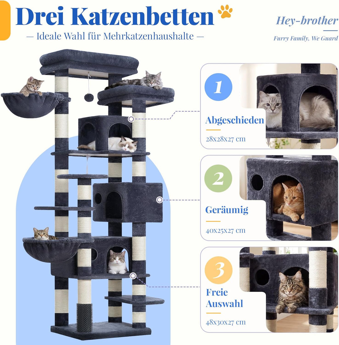 Hey-brother Kratzbaum, 188 cm Katzenbaum, XXL Kletterbaum mit 2 gross Plattform, 3 Höhlen, 2 Korb, P