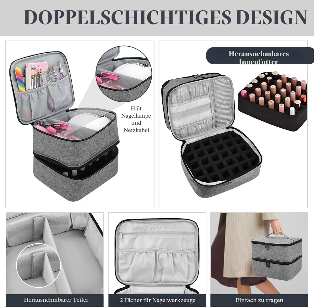 Nagellack Aufbewahrung Tasche Doppelschicht Nagellack Tasche Wasserdicht Nagellack Organizer Grau Ny