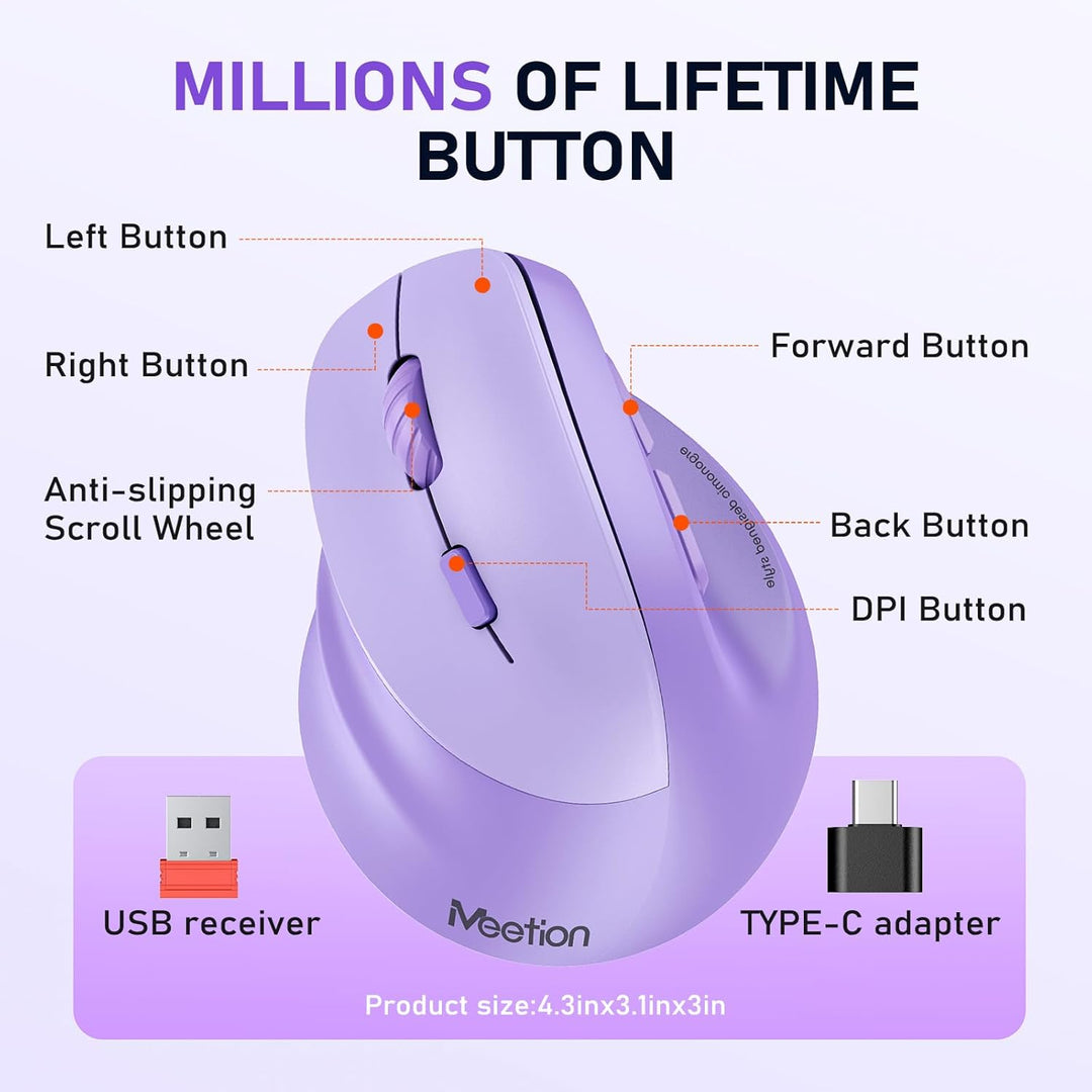 MEETION Linkshänder-Maus, Ergonomisch, Kabellos, Vertikal, RGB für Bluetooth (5.2 + 3.0) und USB-A M