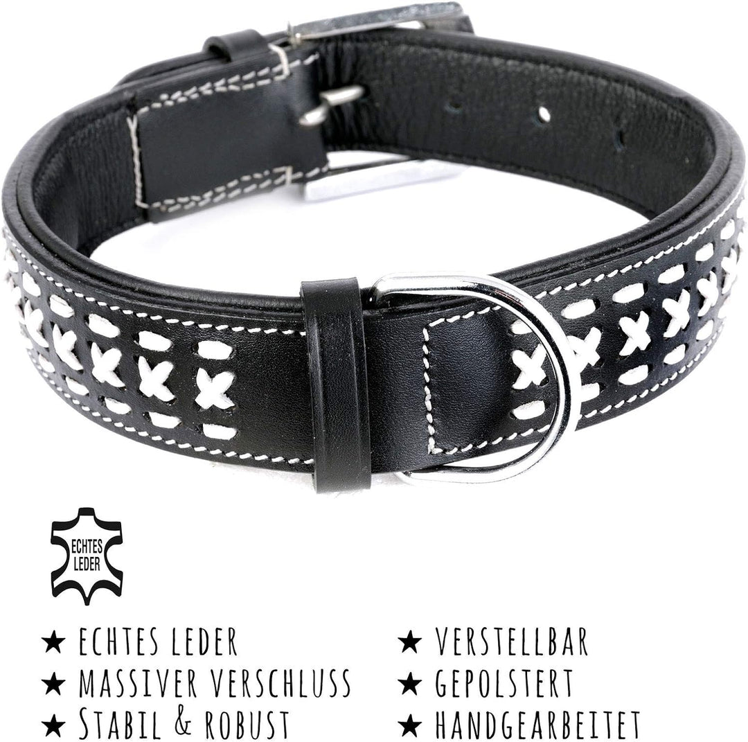 Monkimau Halsband für Hunde aus echt Leder mit Zierflechtung gepolstert verstellbar XL 45-55 cm L: 3