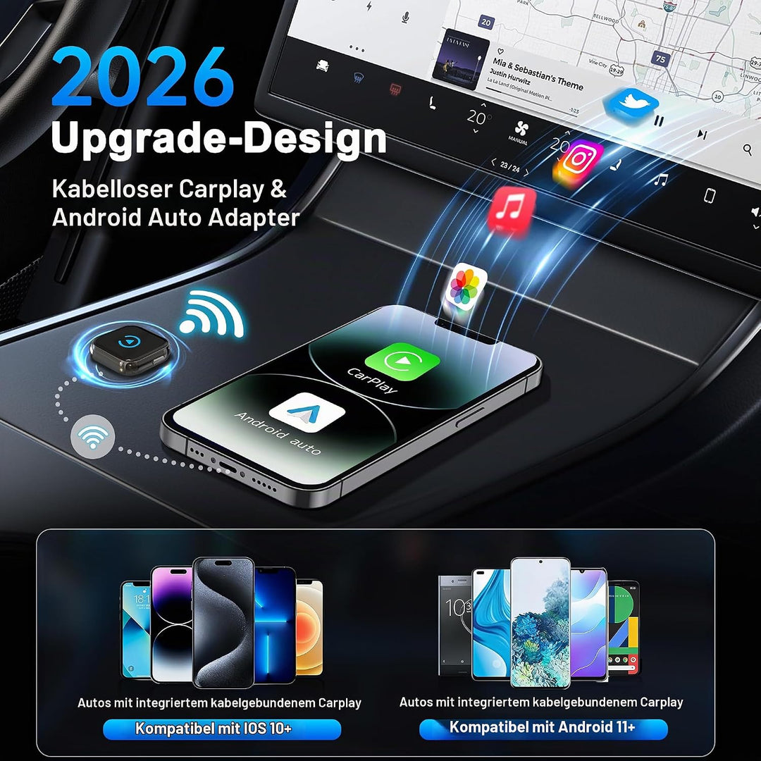 Verbesserter 2-in-1 CarPlay Wireless Adapter mit Instant 2-Phone Switch für Apple CarPlay/Android Au