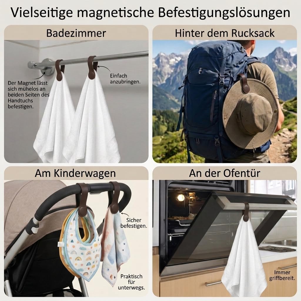 4 Stück Magnet Handtuchhalter aus Leder (Braun), Braun
