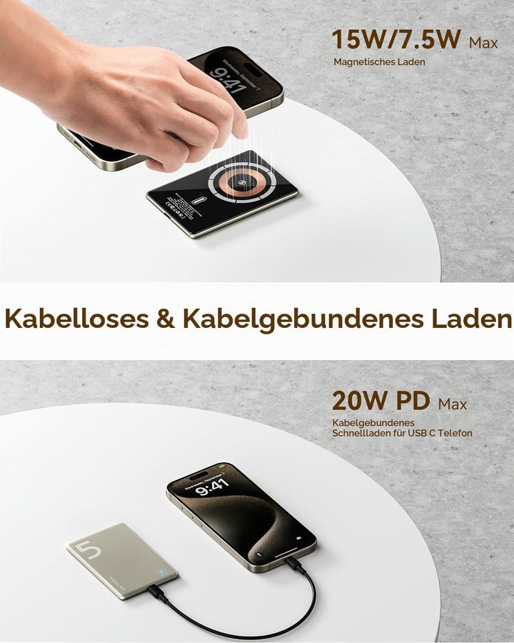 Kuulaa Ultra Slim MagSafe PowerBank, 5000mAh Kabelloses Ladegerät kompatibel mit iPhone 15 Pro/15 Pr