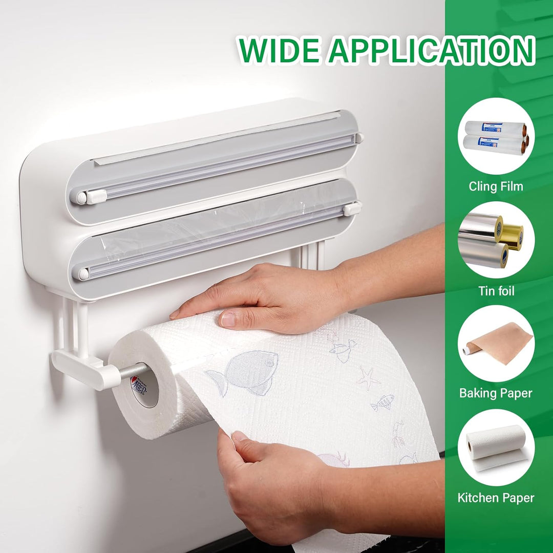3 in 1 Frischhaltefolienspender mit Küchenrollenhalter, Folienspender mit Cutter, Küchenrollenhalter