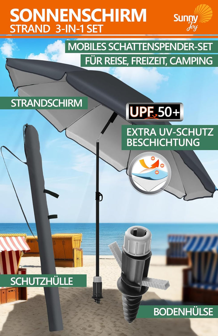 4smile Sonnenschirm Strand SunnyJoy 3-IN-1-SET, Fb. Anthrazit - Strandschirm Ø 180 cm + Bodenhülse +