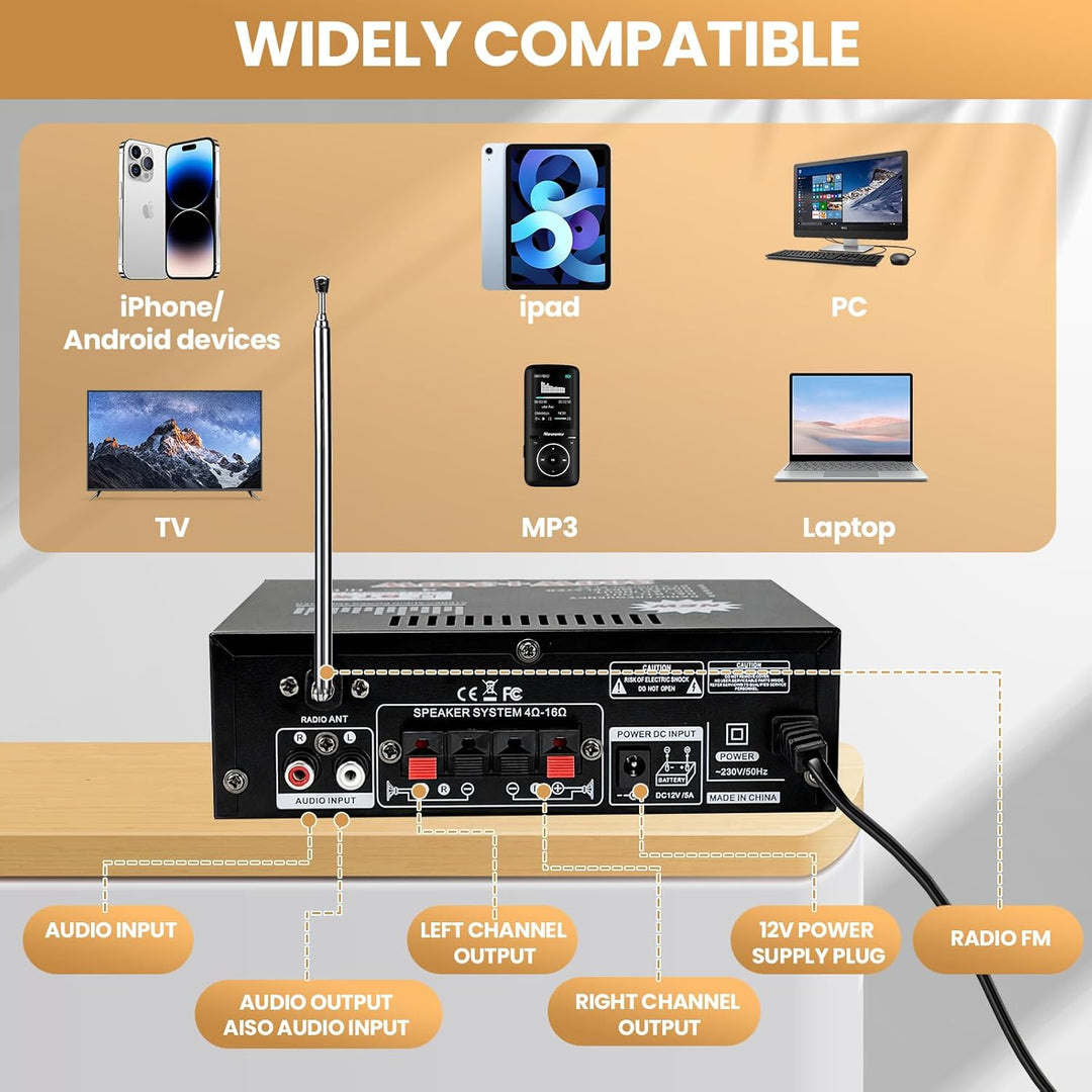 Mini Bluetooth Verstärker HiFi Stereo Audio mit Mixer Wireless Bluetooth Endstufe 600W Dual Kanal Bl