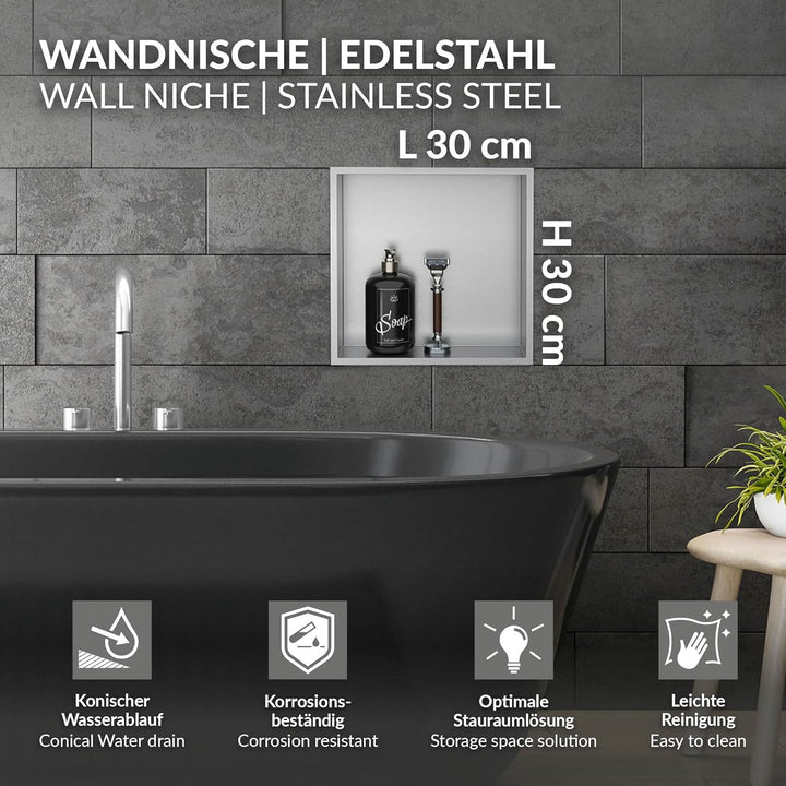 LuxeBath Wandnische aus Edelstahl, 30x30x10 cm, Silber, Duschnische mit Rahmen, Einbauregal, Flexibl