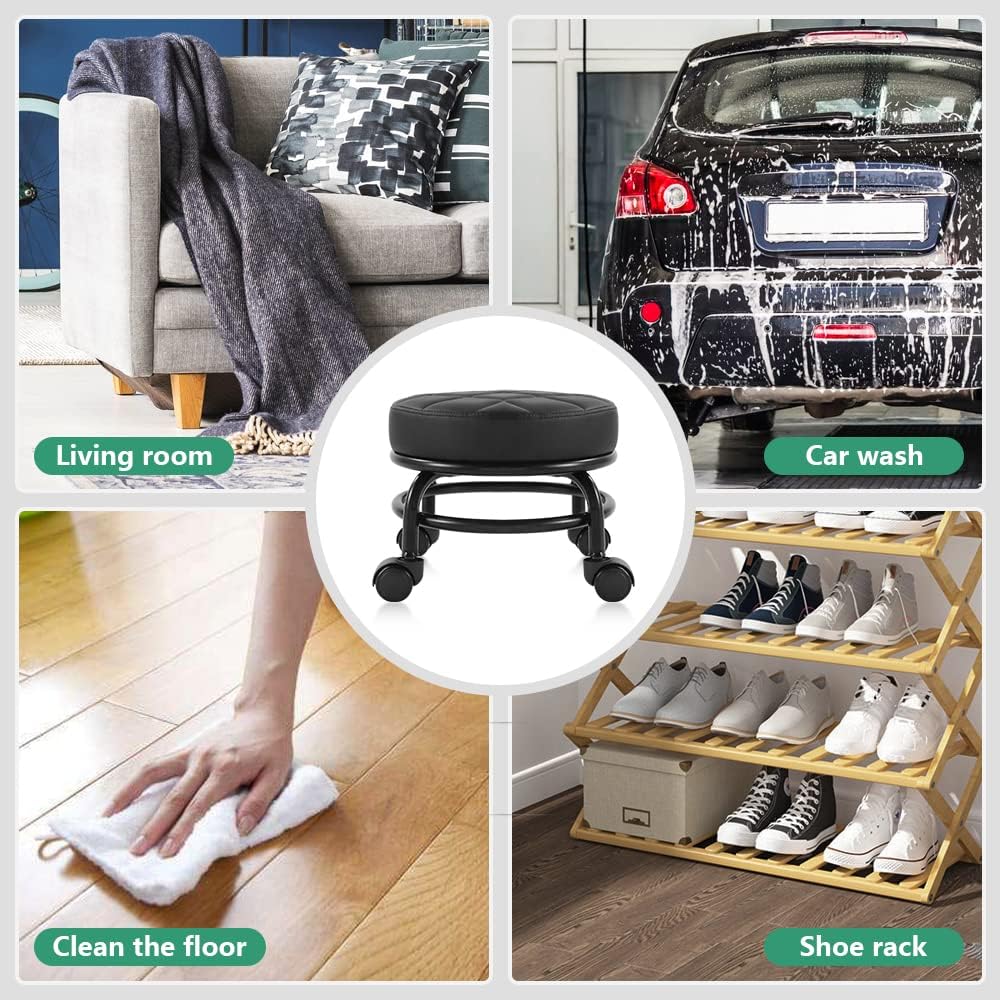 FURWOO Rollsitz PU-Leder Niedriger runder Rollhocker Bodenhocker mit Universal-Rollen für Home Fitne