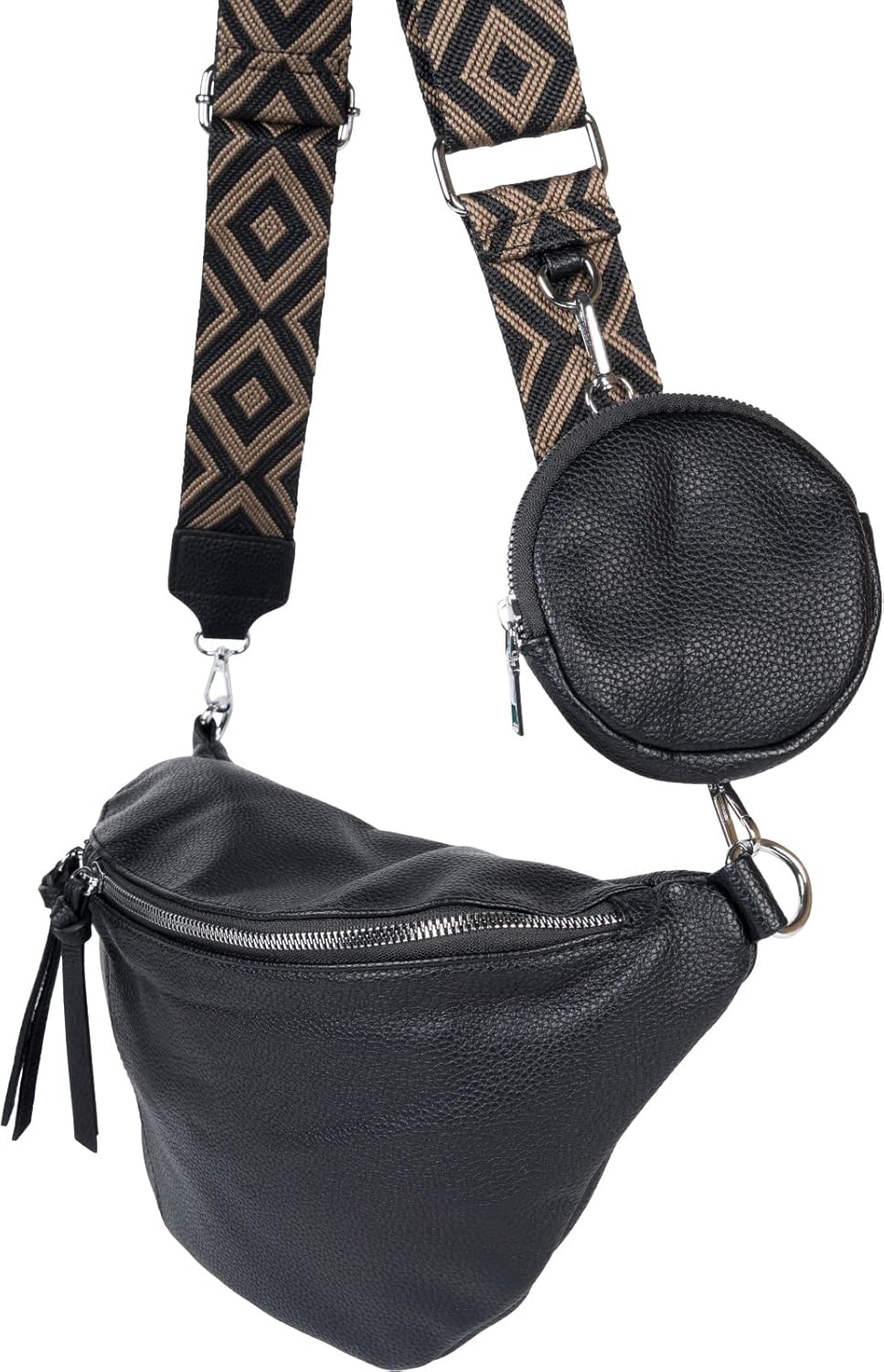 styleBREAKER Damen Halbmond Crossbody Schultertaschen Set 3-Teilig, Schultergurt mit Muster, Schlüss