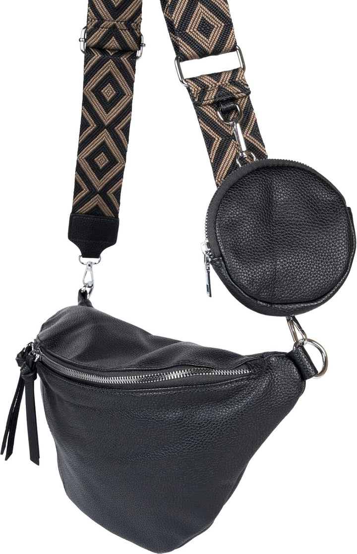 styleBREAKER Damen Halbmond Crossbody Schultertaschen Set 3-Teilig, Schultergurt mit Muster, Schlüss
