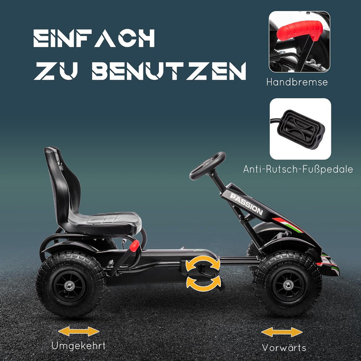 HOMCOM Gokart Tretauto mit Handbremse, verstellbarem Sitz, Vor- und Rückwärtsgang, Tretfahrzeug Kind