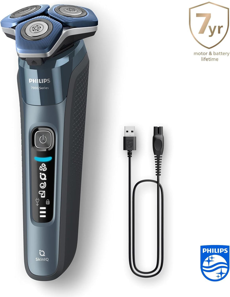 PHILIPS Shaver S7000 – Elektrischer Nass-& Trockenrasierer in Eisblau mit 1 x integrierten ausklappb