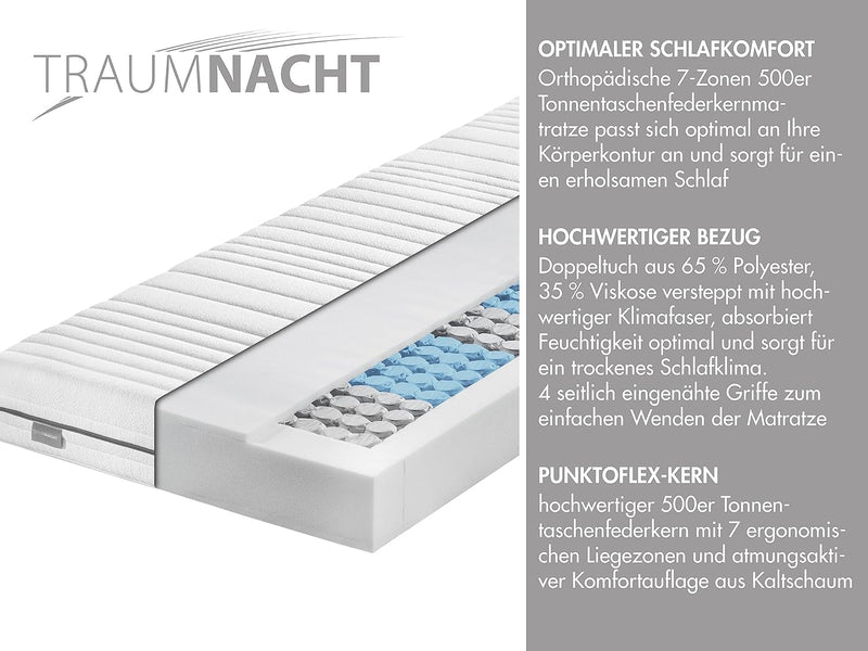 Traumnacht Komfort 7-Zonen 500er Tonnentaschenfederkernmatratze mit Viskose Bezug Härtegrad H2 (weic