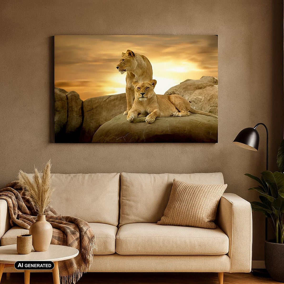 Bilder auf Leinwand 100x70cm Leinwandbild Löwen Sonnenuntergang Felsen Krallen Gross Wanddeko Bild S
