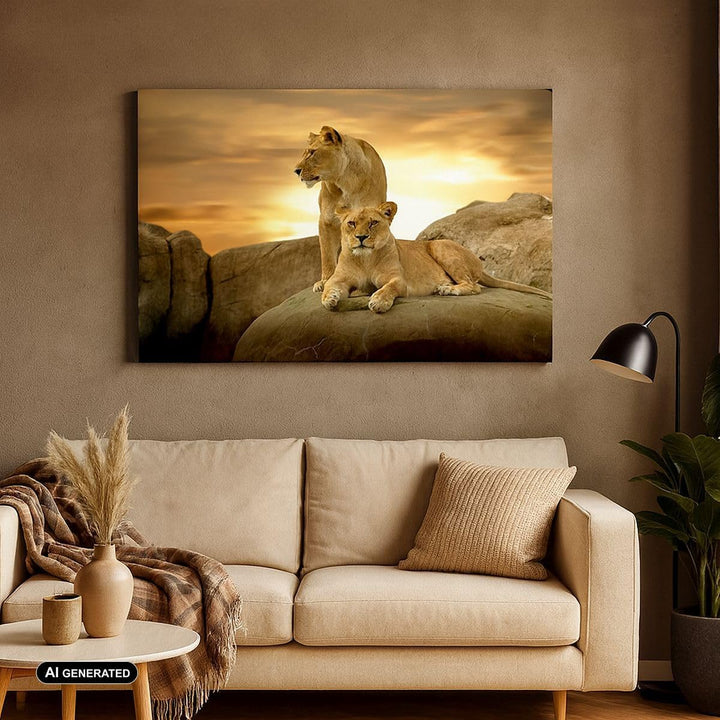 Bilder auf Leinwand 100x70cm Leinwandbild Löwen Sonnenuntergang Felsen Krallen Gross Wanddeko Bild S