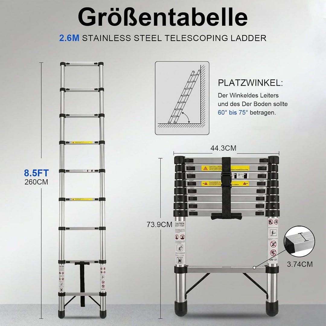2,6 m Teleskopleiter, verstärkter Edelstahl-Leiter mit Anti-Biege-Erweiterung, 150 kg stabiler Faltl