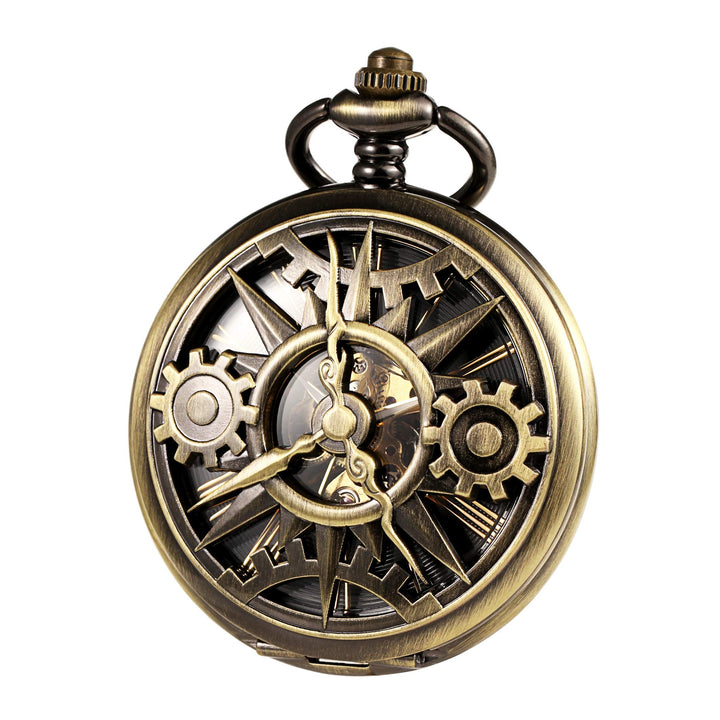 TREEWETO Unisex Taschenuhr mit Kette Analog Handaufzug Doppelscharnier Mechanisch Getriebe Skelett F