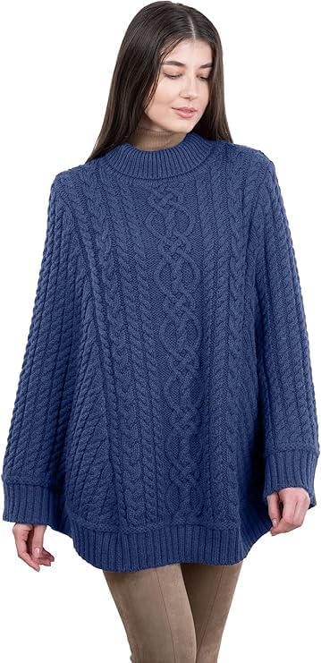 SAOL Zopfmuster Damen Irischer Aran Poncho aus 100% Merinowolle Strickjacke L-XL Marl Blau, L-XL Mar