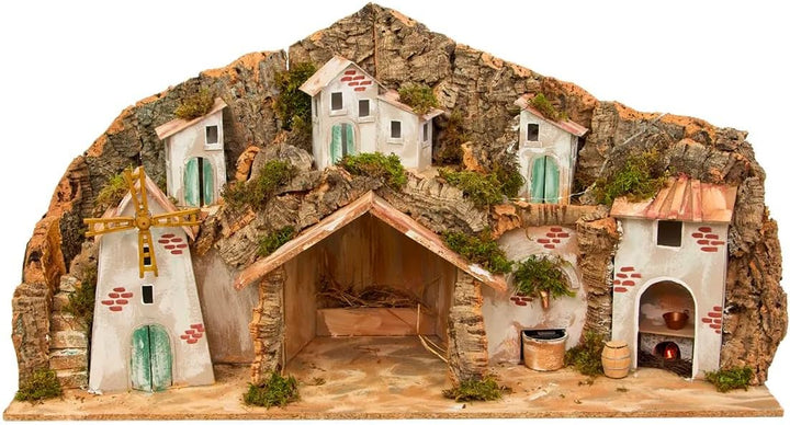 Avilia Neapolitanische Weihnachtskrippe mit Mühle, Brunnen und LED-Lichtern, 42 x 96 x 58 cm, handge
