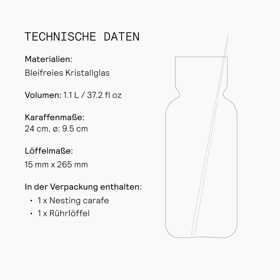 AARKE Nesting Carafe, Kristallglaskaraffe (1,1 Liter) + Edelstahl-Barlöffel, Karaffe