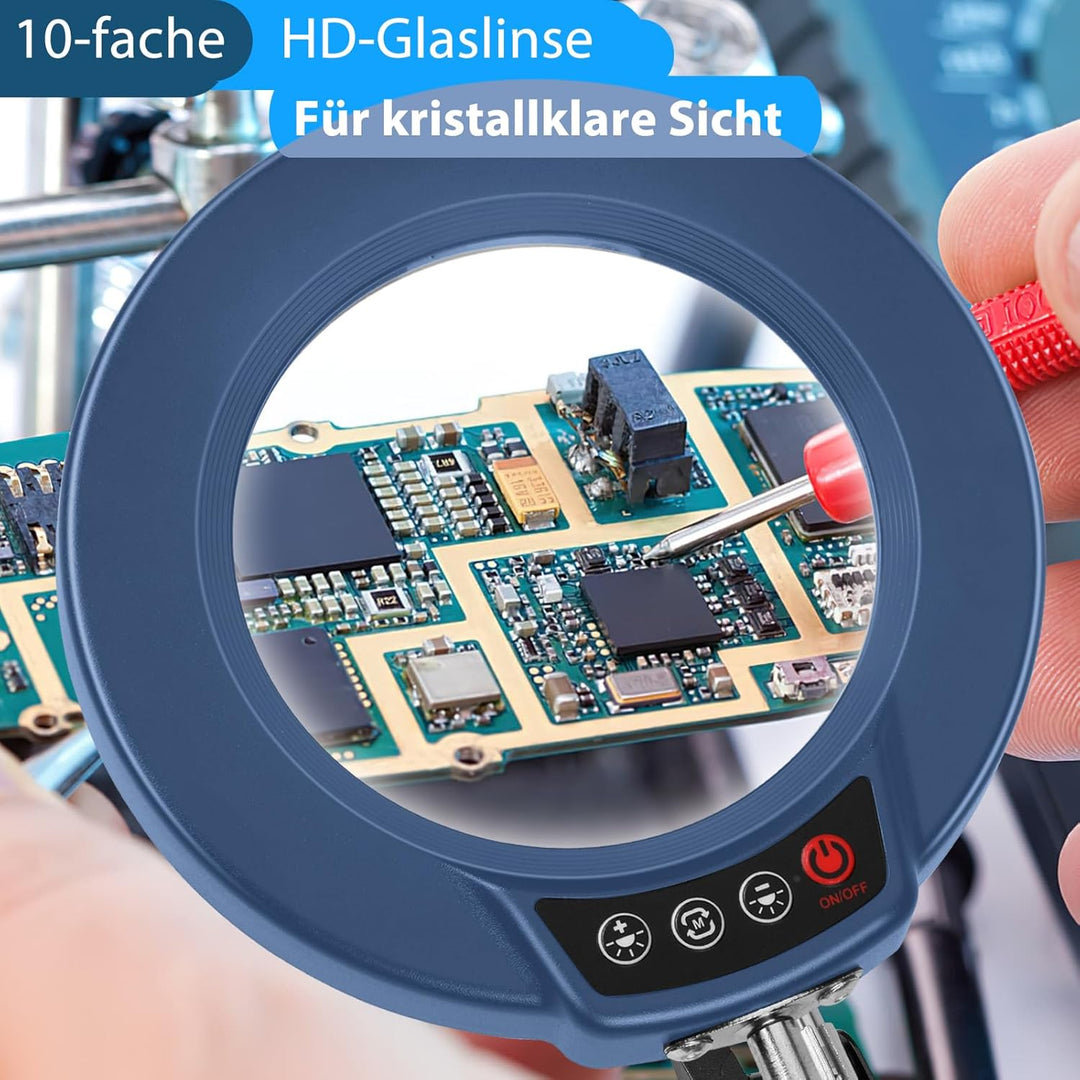 10X Lupe mit Licht und Klemme, LED Lupenlampe mit Glaslinse, 5 Farbmodi Stufenlosem Dimmen, Lupe mit