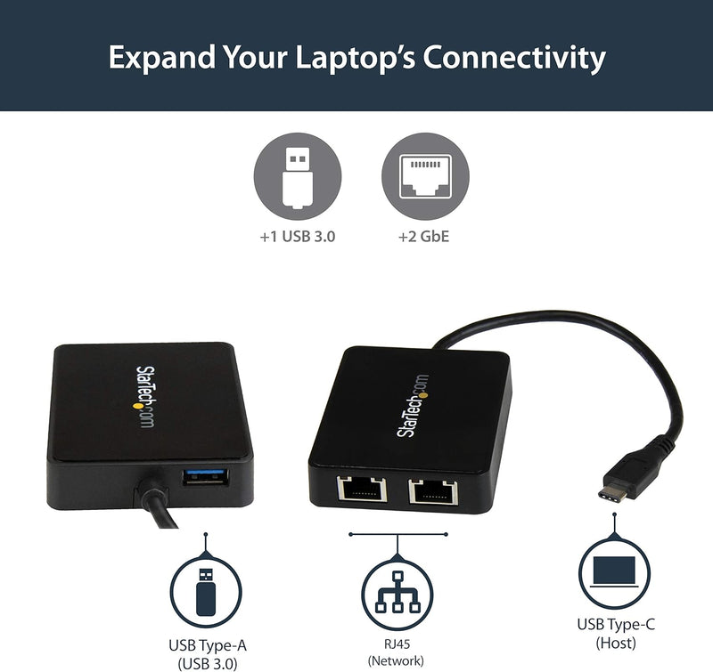 StarTech.com USB-C auf Dual Gigabit Ethernet Adapter mit USB 3.0 (Typ-A) Port - USB Typ-C Gigabit Ne