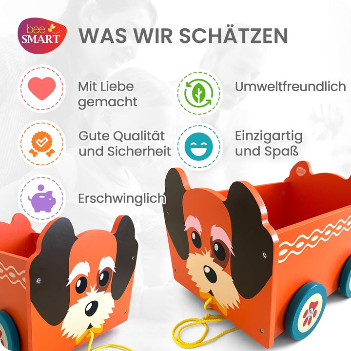 Spielzeugkiste aus Holz Hund | 2-in-1-Zugwagen & Aufbewahrungsbox auf Rädern für Kinderzimmer oder S