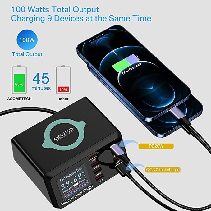 ASOMETECH USB Ladegerät Hub 100W 8-Port Desktop Multi USB Ladestation mit Typ C Port, Quick Charge 3