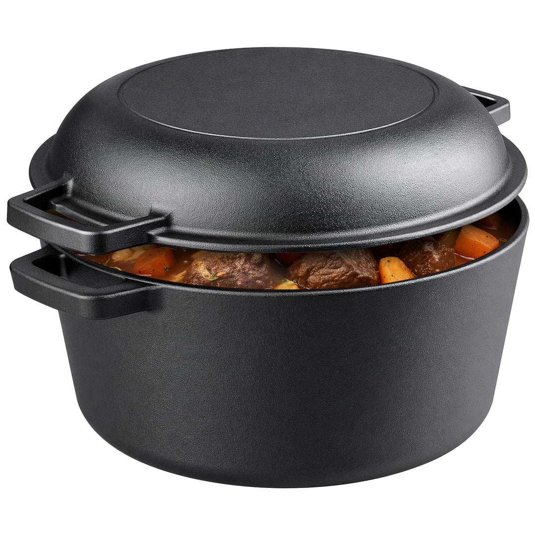 2 in 1 Gusseisen Dutch Oven 5 QT Vorgewürzter Gusseisentopf mit 1,6 QT Pfannendeckel Schwerer Bräter